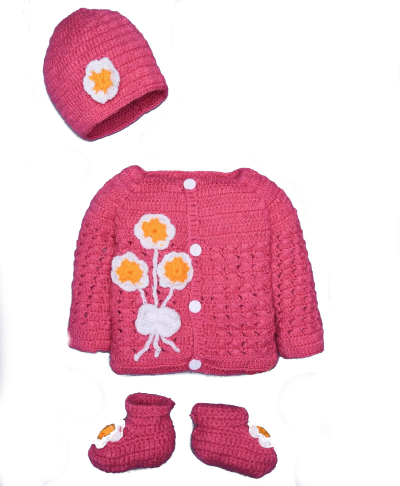 Snuglily 3 Pcs Fuchsia Pink  baby girl Sweater Cardigan + Booties boots & hats - Snuglily
