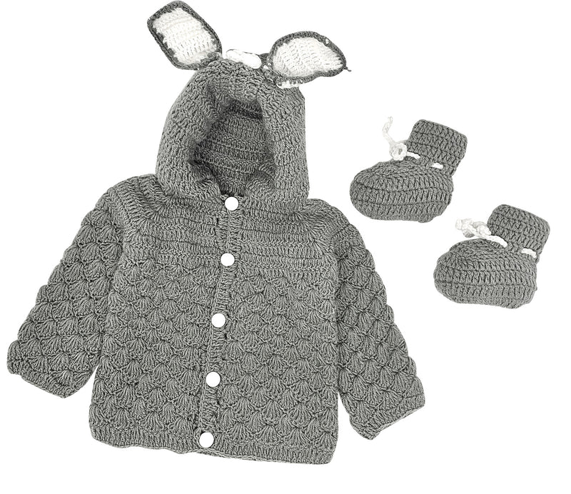 Unisex gray hoodie bunny ears  crochet sweater set for baby toddler includes Booties baby photography prop - Snuglily