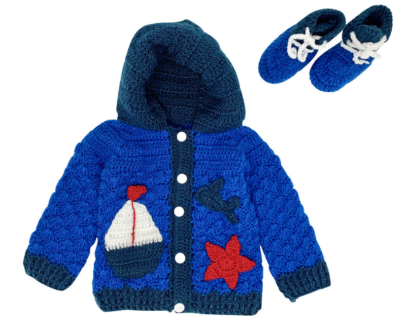 Baby boy Kids Toddlers Nautical theme warm Blue Hoodie Outwear Jacket Coat includes booties shoes - Snuglily