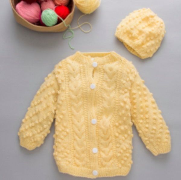 Yellow pom pom baby girl boy sweater knitted Crochet 2 piece Set includes beanie hat (0-24 months) - Snuglily