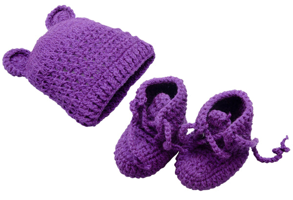 Purple 2 piece Newborn Animal theme baby beanie hat with earflaps & booties perfect photography prop - Snuglily