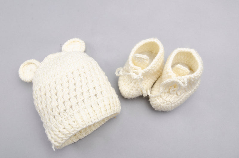 Beige 2 piece Newborn Animal theme baby beanie hat with earflaps & booties perfect photography prop - Snuglily
