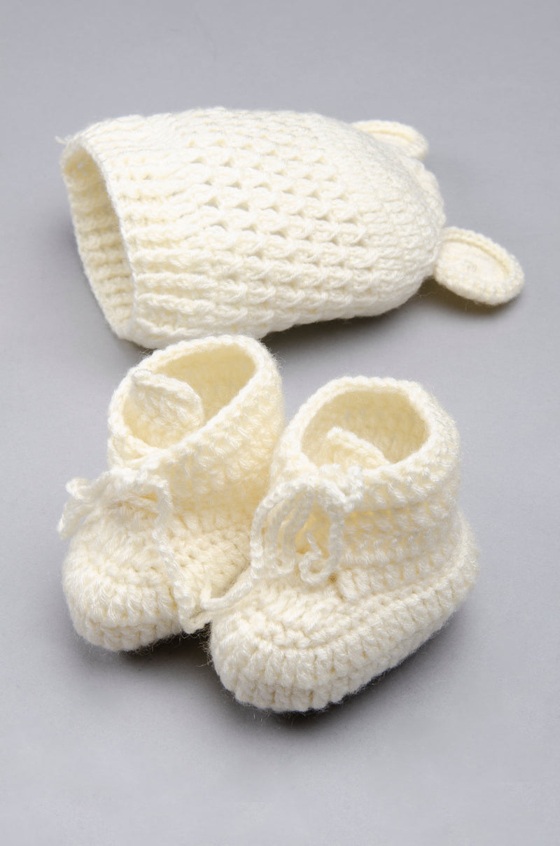 Beige 2 piece Newborn Animal theme baby beanie hat with earflaps & booties perfect photography prop - Snuglily