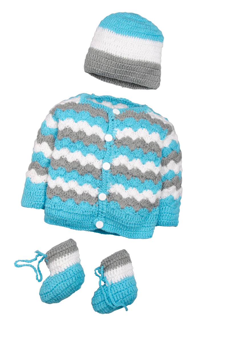 Snuglily Blue Pink gray striped  Sweater Cardigan set  for boy & girl includes booties & hat - Snuglily