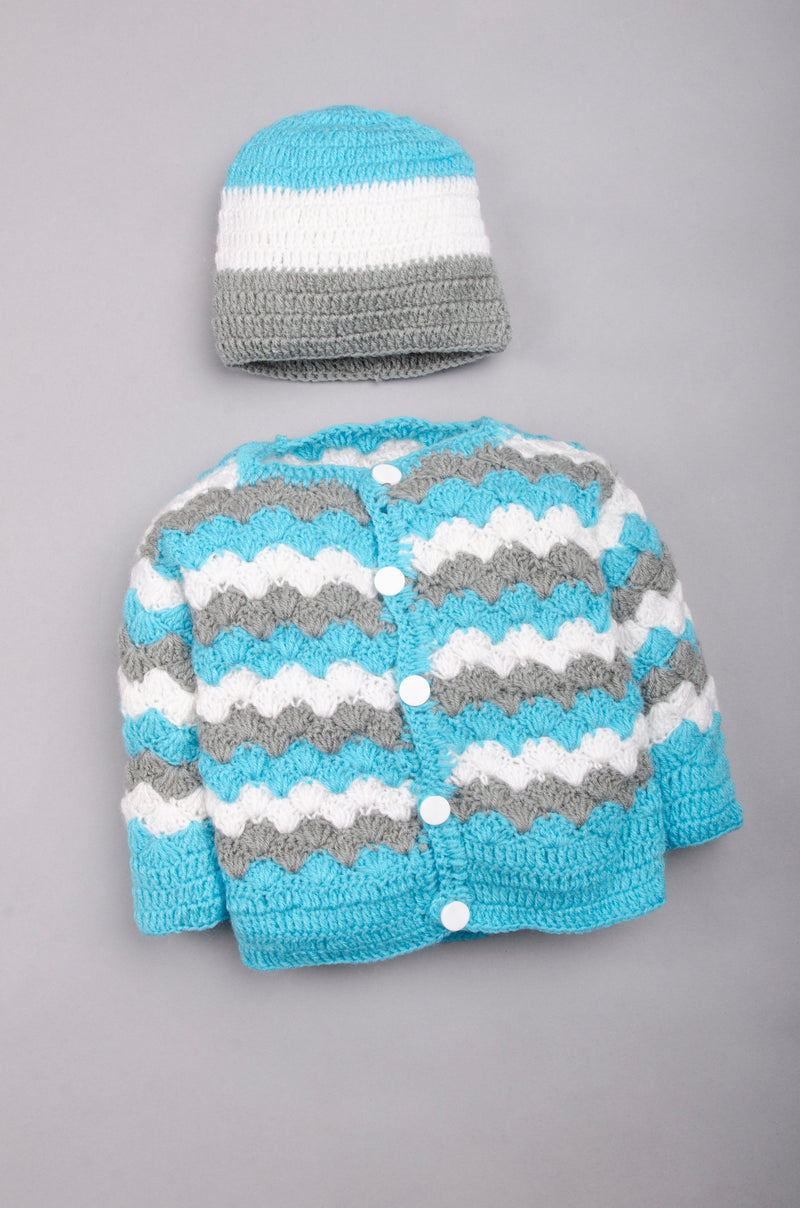 Snuglily Blue Pink gray striped  Sweater Cardigan set  for boy & girl includes booties & hat - Snuglily