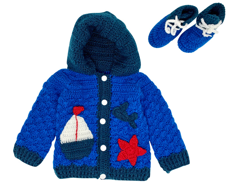 2 piece  Newborn Baby Boy Winter Coat, Knit Cardigan Toddler Sweater  Blue Hoodie Outwear Jacket Coat includes booties shoes (0-12 months) - Snuglily