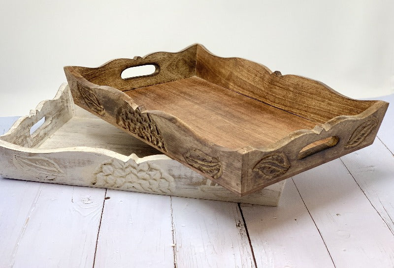 Set Of White & Oak Rustic Hand carved Modern farmhouse Serving tray 15 inch - Snuglily