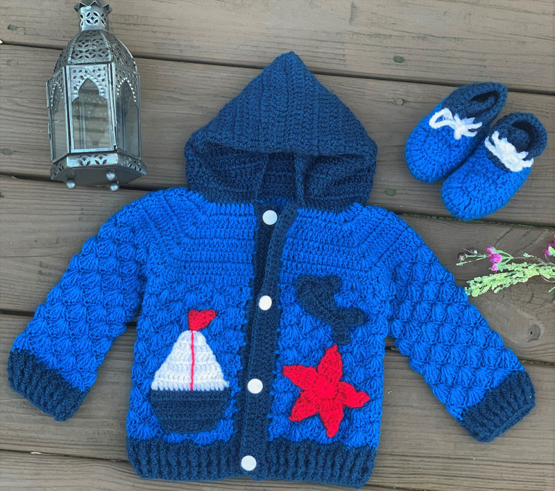 2 piece  Newborn Baby Boy Winter Coat, Knit Cardigan Toddler Sweater  Blue Hoodie Outwear Jacket Coat includes booties shoes (0-12 months) - Snuglily