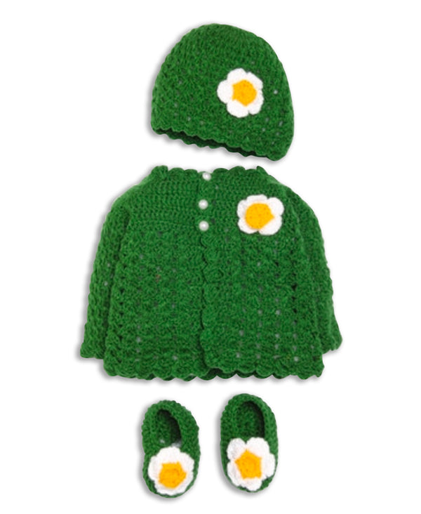 3 piece Green Floral Cardigan sweater for baby girl toddler includes booties & hat - Snuglily
