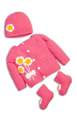 Snuglily 3 Pcs Fuchsia Pink  baby girl Sweater Cardigan + Booties boots & hats - Snuglily