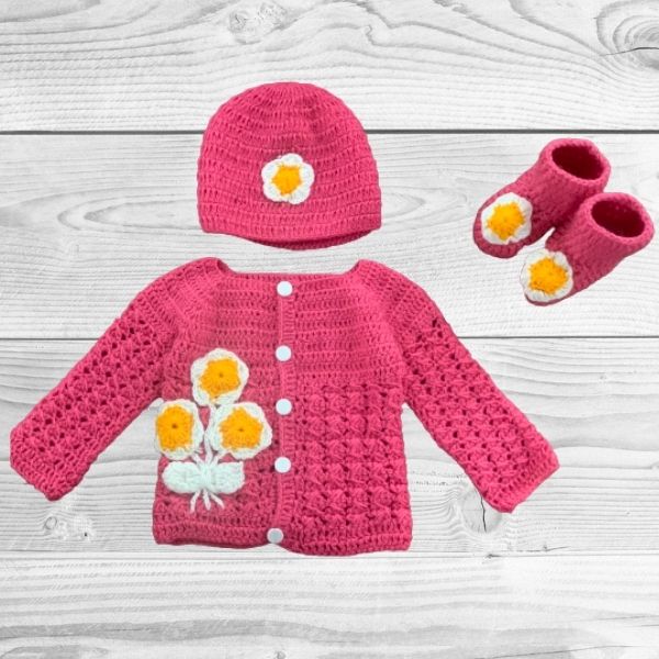 Snuglily 3 Pcs Floral Pink Ruby baby girl Sweater Cardigan + Baby sleepers  & hats 0-6 months & 6-12 months - Snuglily