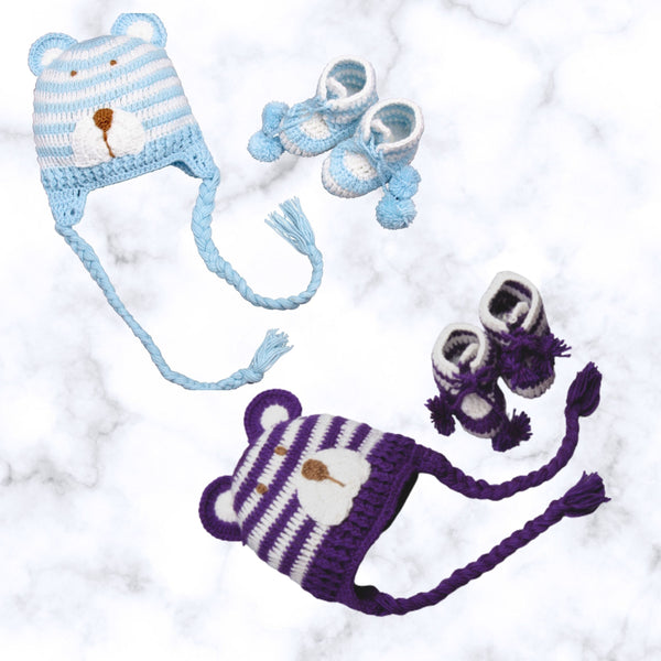 2 piece Purple & blue  kids toddler  bear Earflap braided beanie knitted hat &  booties set - Snuglily