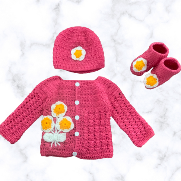 Snuglily 3 Pcs Floral Pink Ruby baby girl Sweater Cardigan + Baby sleepers  & hats 0-6 months & 6-12 months - Snuglily
