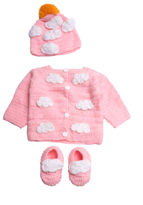 3 pcs Button up cardigan warm sweater outwear for newborn baby girl includes Booties & beanie hat - Snuglily
