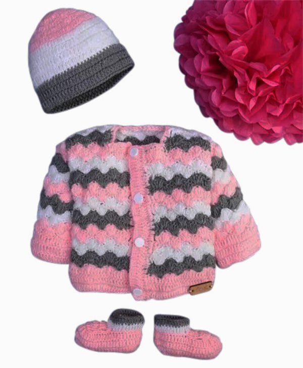 3 piece hand knitted Chevron Pink gray sweater set for baby girl includes booties & hat - Snuglily