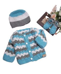 Snuglily 3 piece  Chevron blue gray sweater set for baby boy toddler + booties & hat - Snuglily
