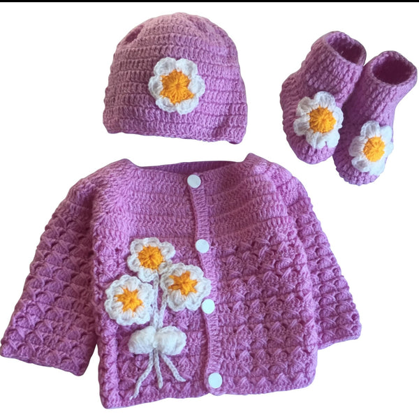 3 piece purple Floral Cardigan sweater outerwear for baby girl toddler includes booties & hat - Snuglily