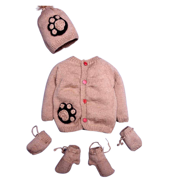 4 Piece hand knitted puppy paw brown sweater set for boy includes booties hat mittens - Snuglily