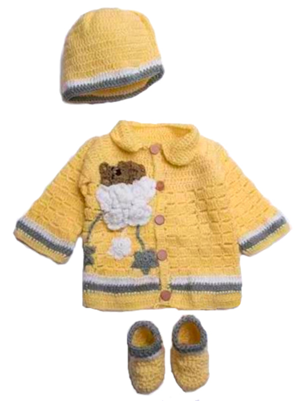 3 piece cardigan yellow flower sweater for a baby girl toddlers includes hat & booties gift set - Snuglily
