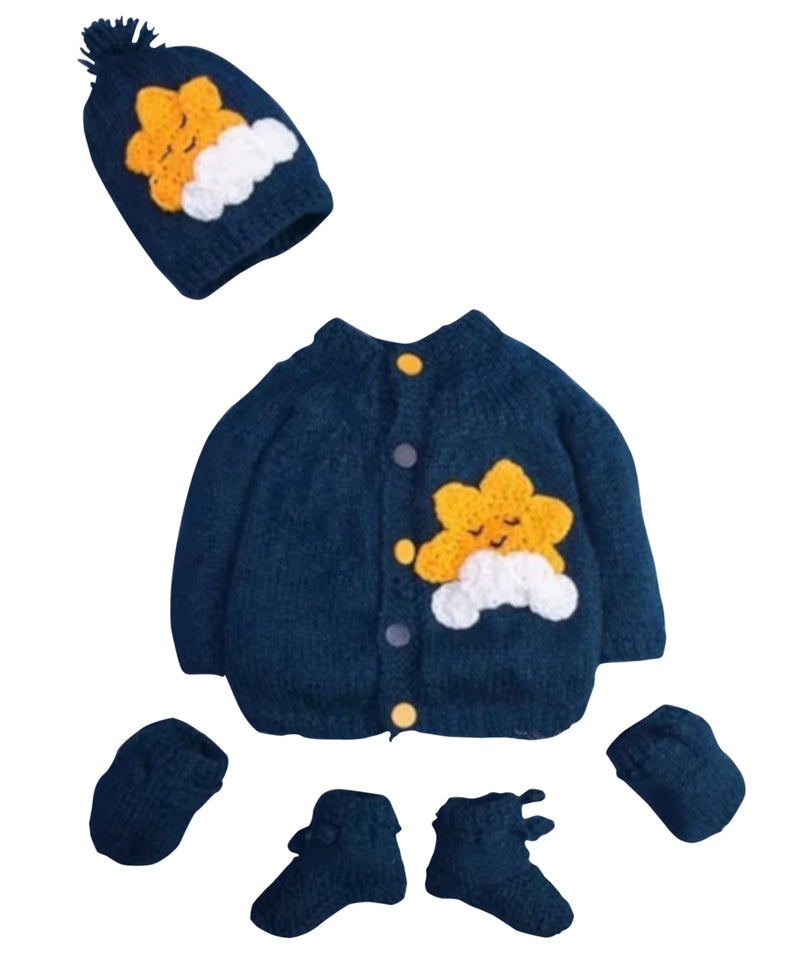 4 piece hand knitted "little star Navy sweater set for boy includes booties  hat mittens - Snuglily
