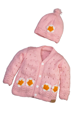 3 piece bubblegum pink  flower sweater for a baby girl toddlers includes hat & booties gift set - Snuglily