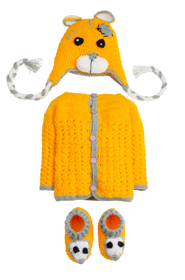 3 piece Orange Knitted sweater set includes bootie braided bean hat - Snuglily