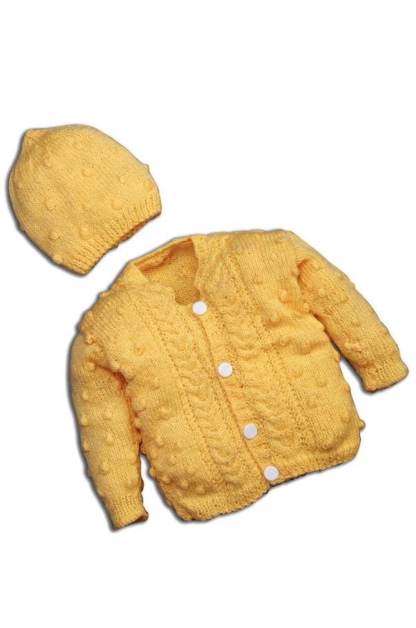 Yellow pom pom baby girl boy sweater knitted Crochet 2 piece Set includes beanie hat (0-24 months) - Snuglily