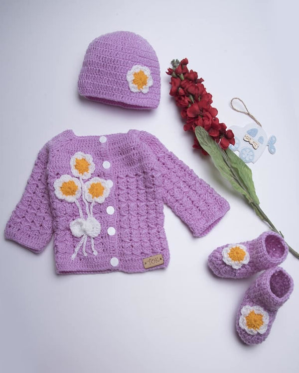 Purple baby girl cardigan sweater outerwear  for newborn infant toddler Includes booties  & hat gift set - Snuglily