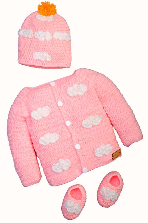 3 pcs Button up cardigan warm sweater outwear for newborn baby girl includes Booties & beanie hat - Snuglily